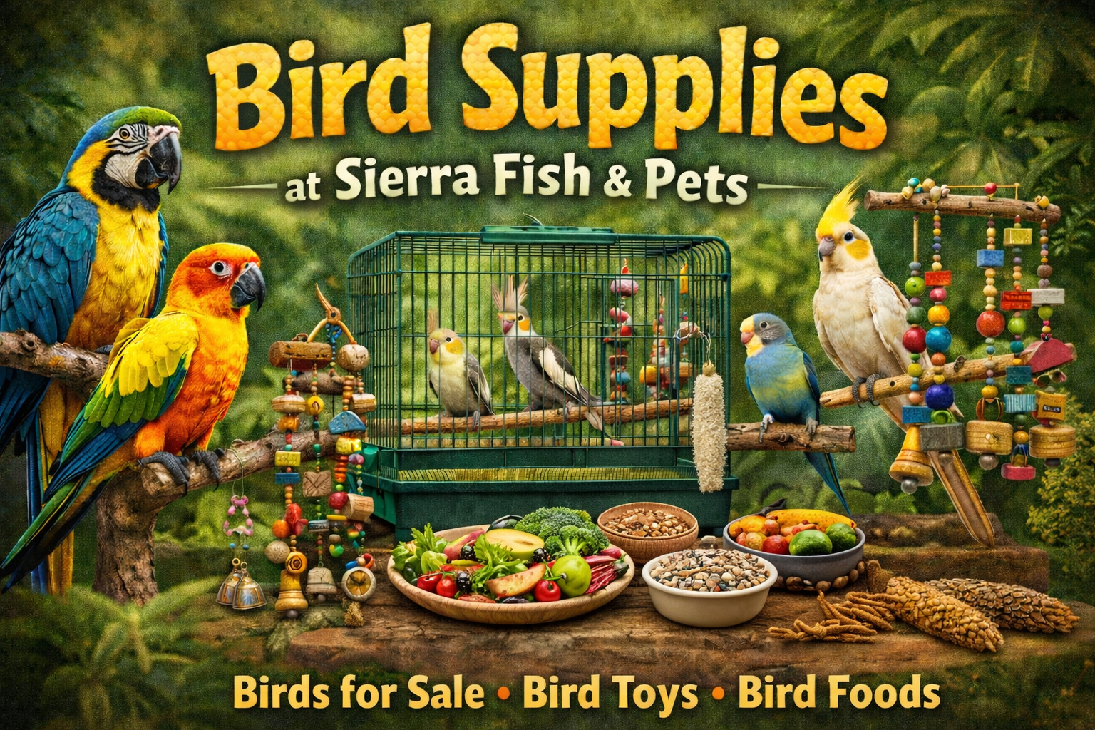 Vibrant promotional image showcasing a variety of birds for sale at Sierra Fish & Pets, including macaws, cockatiels, and budgerigars. The image features bird cages, bird toys, and bird foods against a lush green background, highlighting the wide range of bird supplies available for pet owners.
