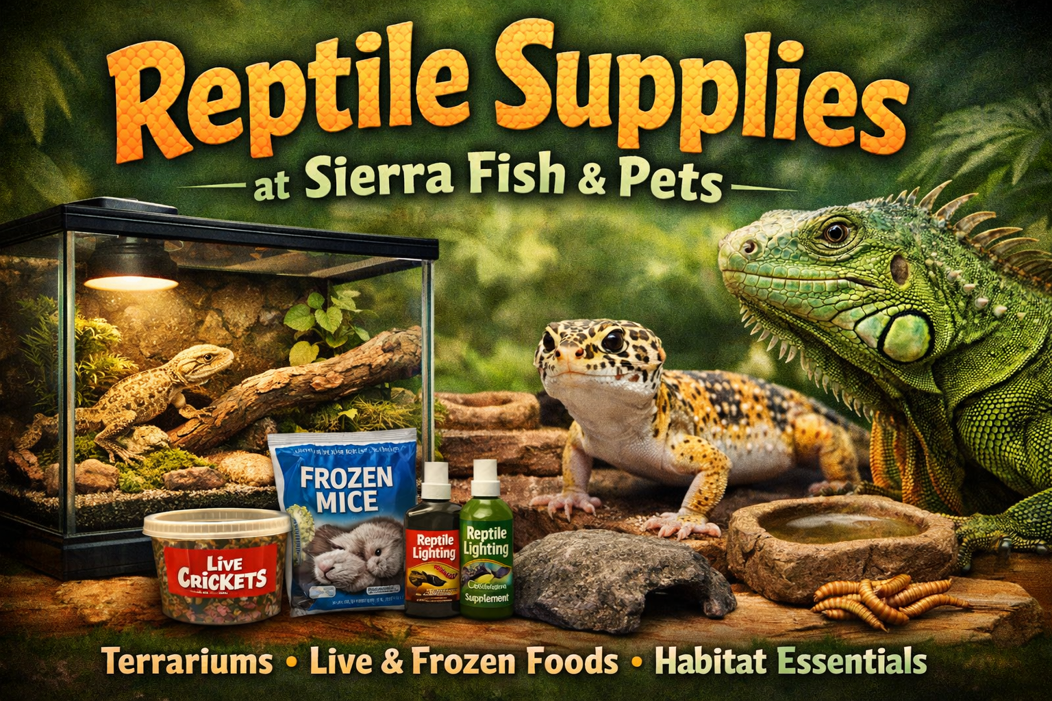 Promotional graphic for Sierra Fish & Pets showcasing reptile supplies including terrariums, live crickets, frozen mice, reptile lighting, and habitat essentials. Features a bearded dragon, leopard gecko, and green iguana, highlighting the diverse range of products for reptile care in a warm, natural setting.