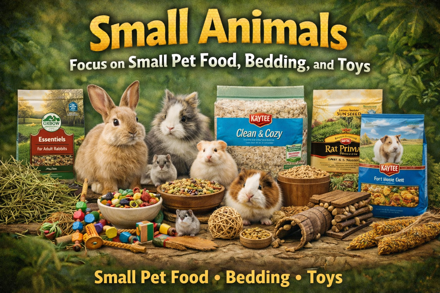 Promotional image for small animals at Sierra Fish & Pets, showcasing small pet food, bedding, and toys. Features a variety of small pets including rabbits, guinea pigs, and hamsters, along with Oxbow rabbit food, Kaytee bedding, and colorful toys. Set against a soft green background, the image emphasizes high-quality products for small animal care.
