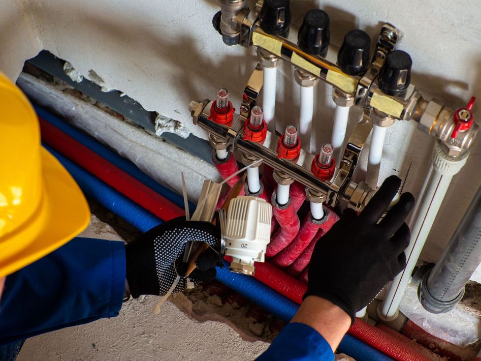 Gloved hands adjusting numbered red and white pipes and valves in a utility room