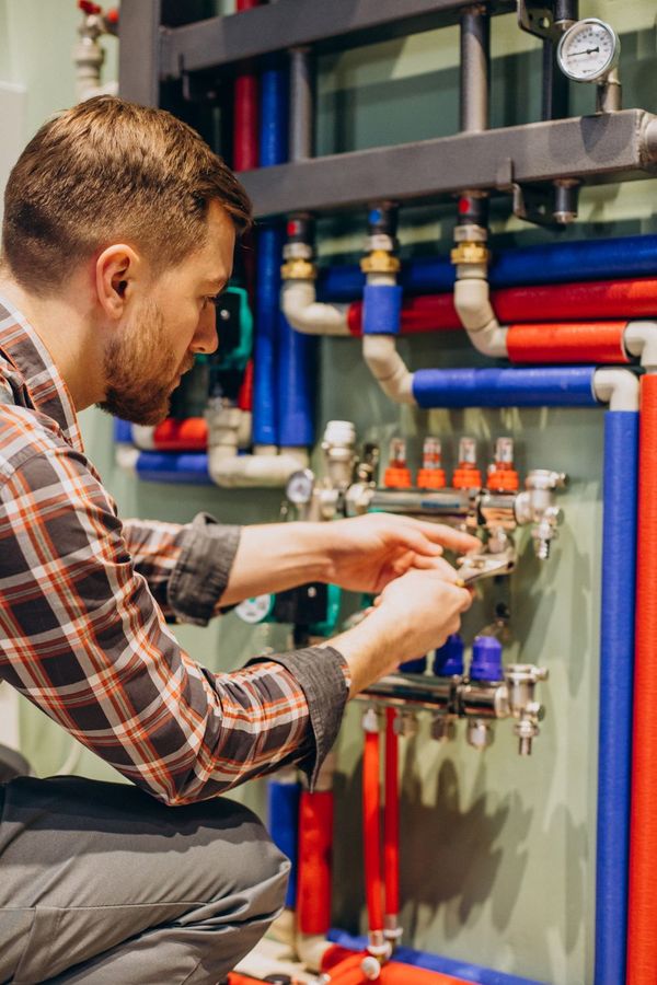 Technician adjusting valves on a colorful plumbing manifold in a mechanical room