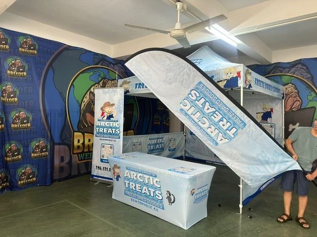 Arctic Treats booth with blue banners, igloo display, and a person standing beside a large sign indoors
