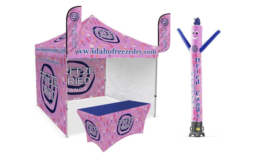 Pink-and-white Bhad Bhabie-branded pop-up tent, tub, and bottle display on a white background