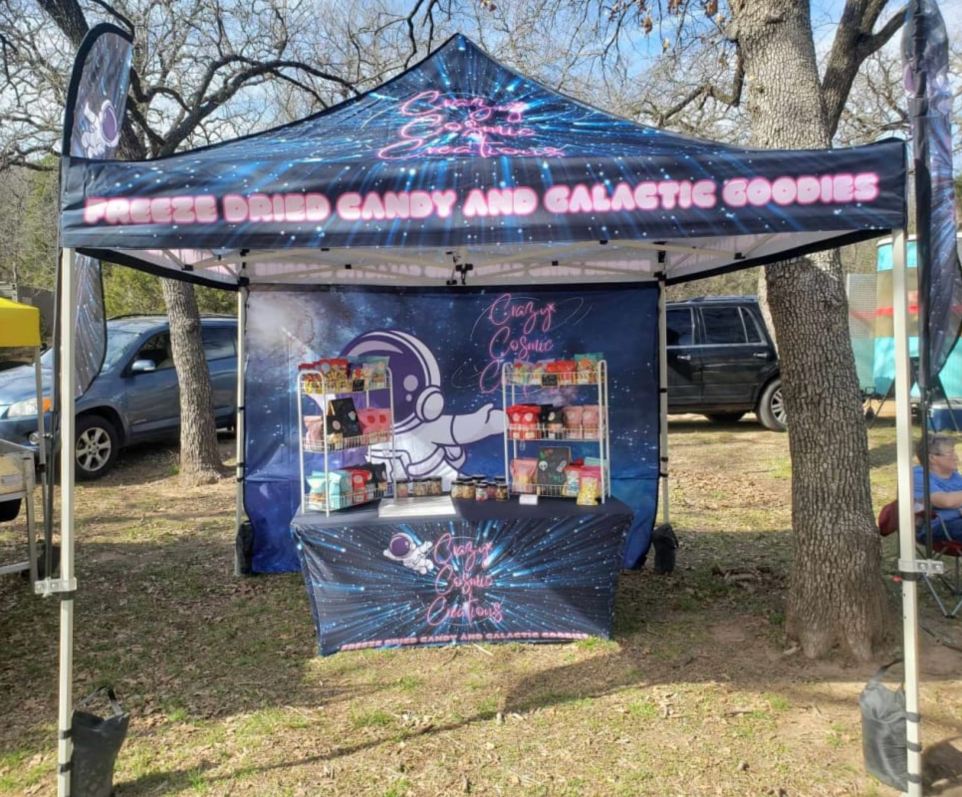 A tent with a sign that says `` dried candy and galactic goodies '' is sitting in the middle of a field.