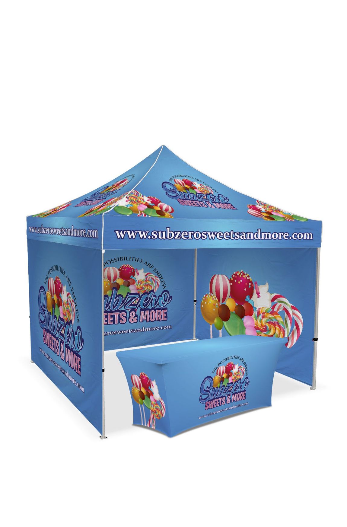 Blue promotional canopy tent with floral prints and matching counter table