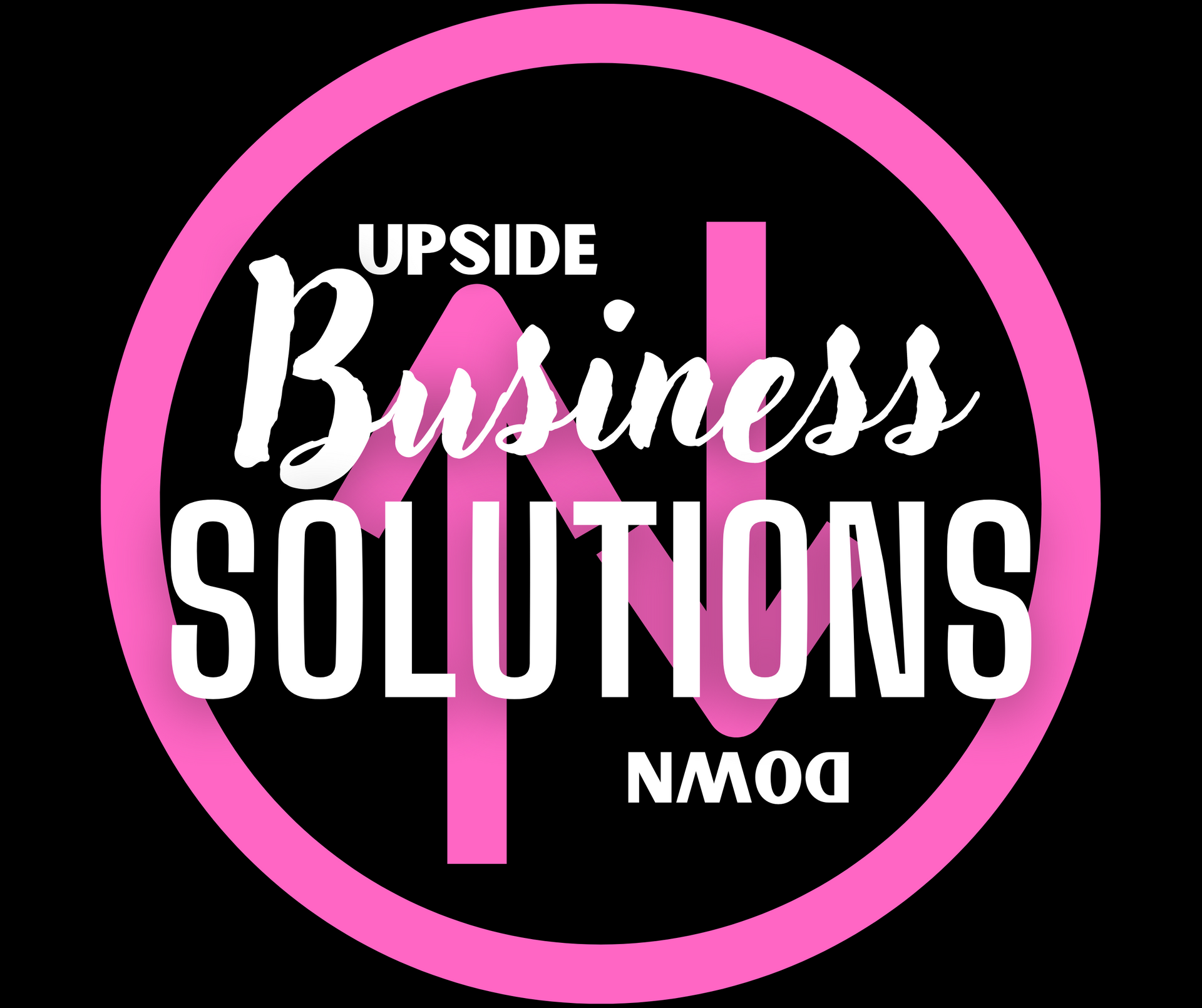 A logo for upside business solutions in a pink circle on a black background.