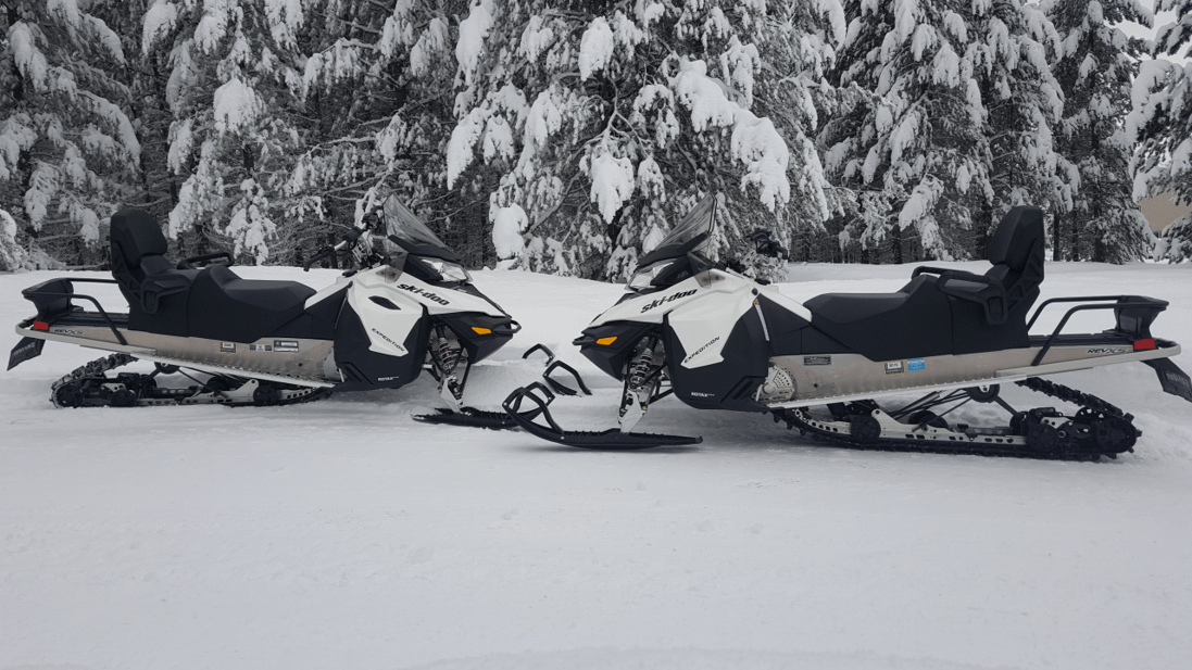Two white snowmobiles