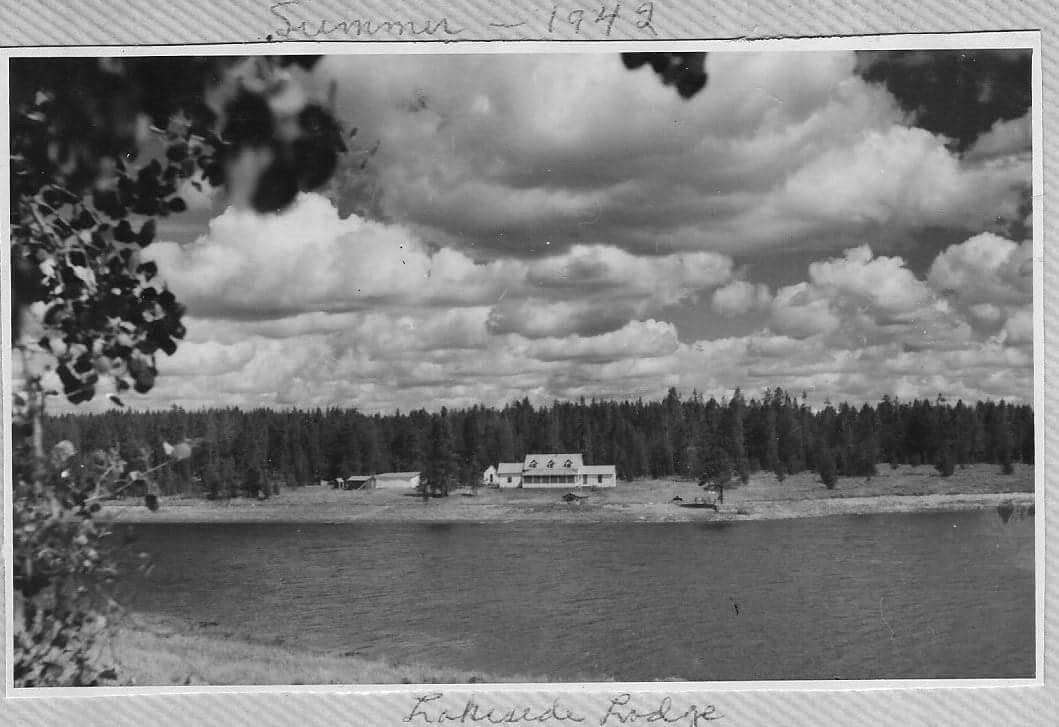 black and white picture of lakeside and cabins