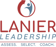 Lanier Leadership logo. Red and blue text and graphic: person within a circle, arrow, and words 