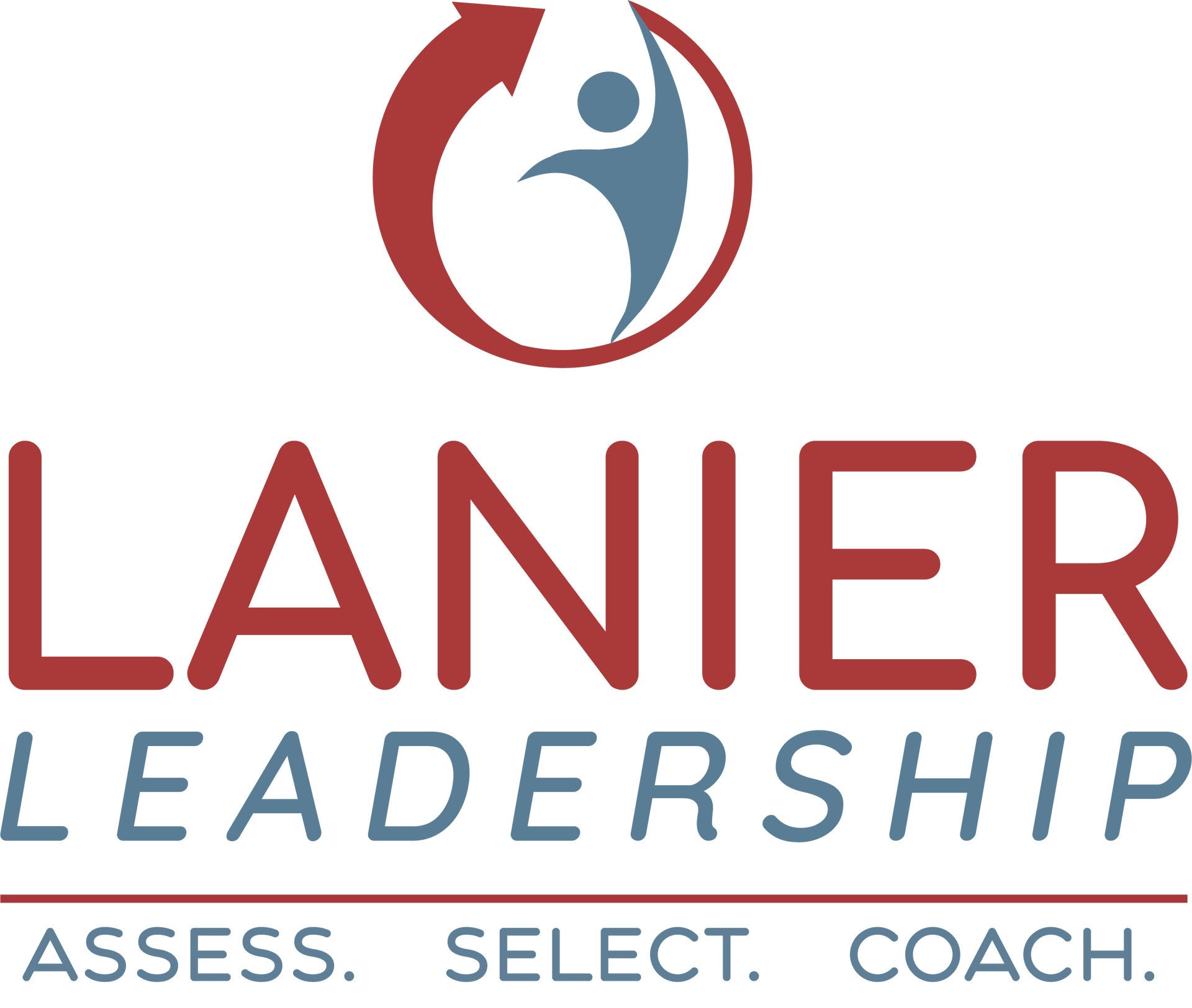 Lanier Leadership logo. Red and blue text and graphic: person within a circle, arrow, and words