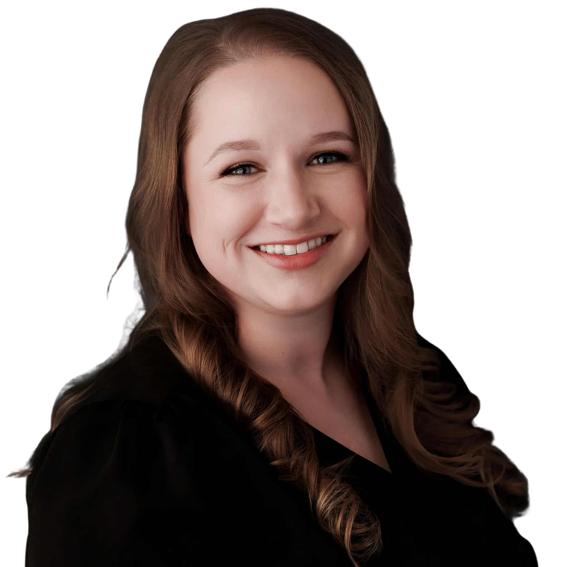 Woman with long brown hair smiles, wearing a black top.