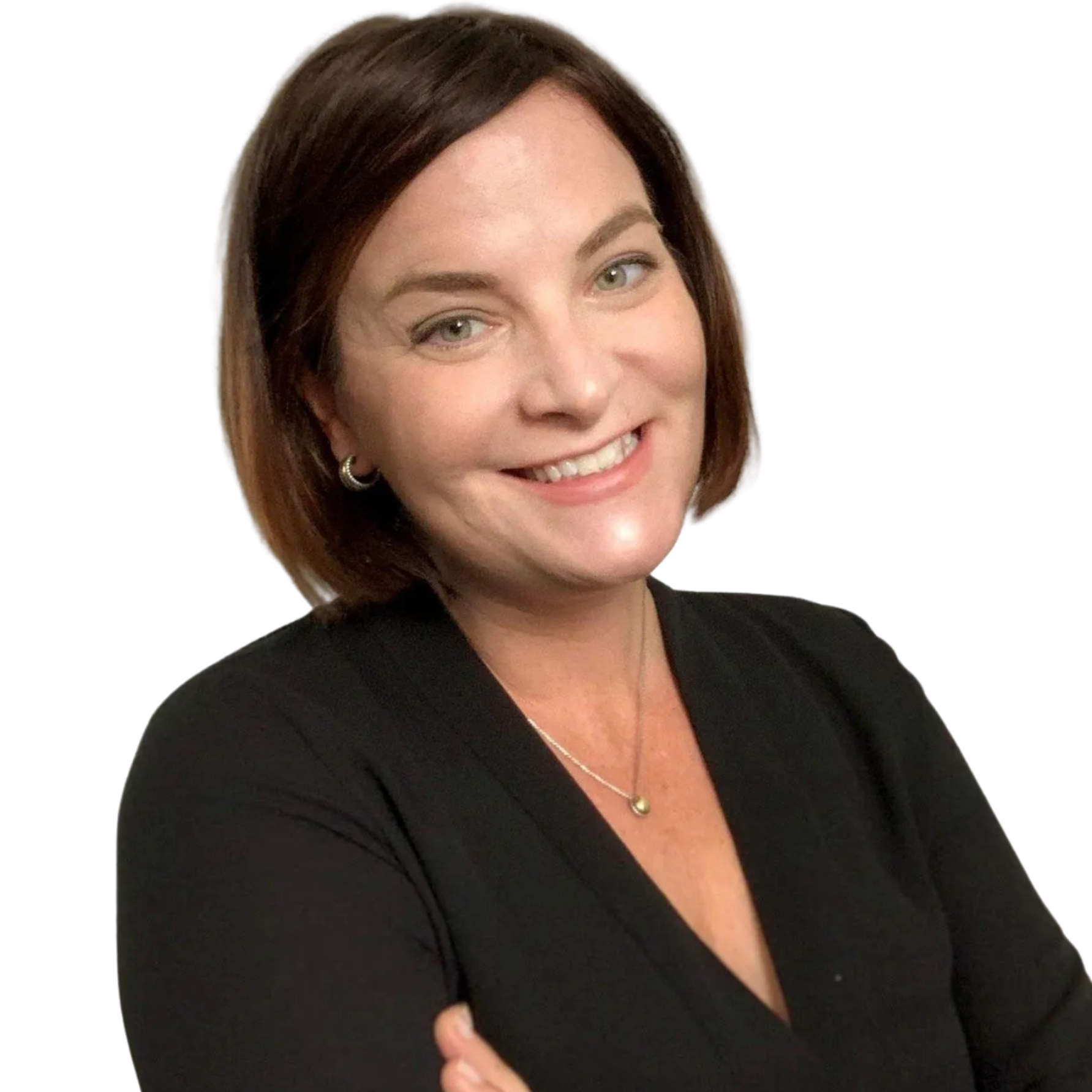 Woman with short brown hair smiles, arms crossed, wearing a black top.