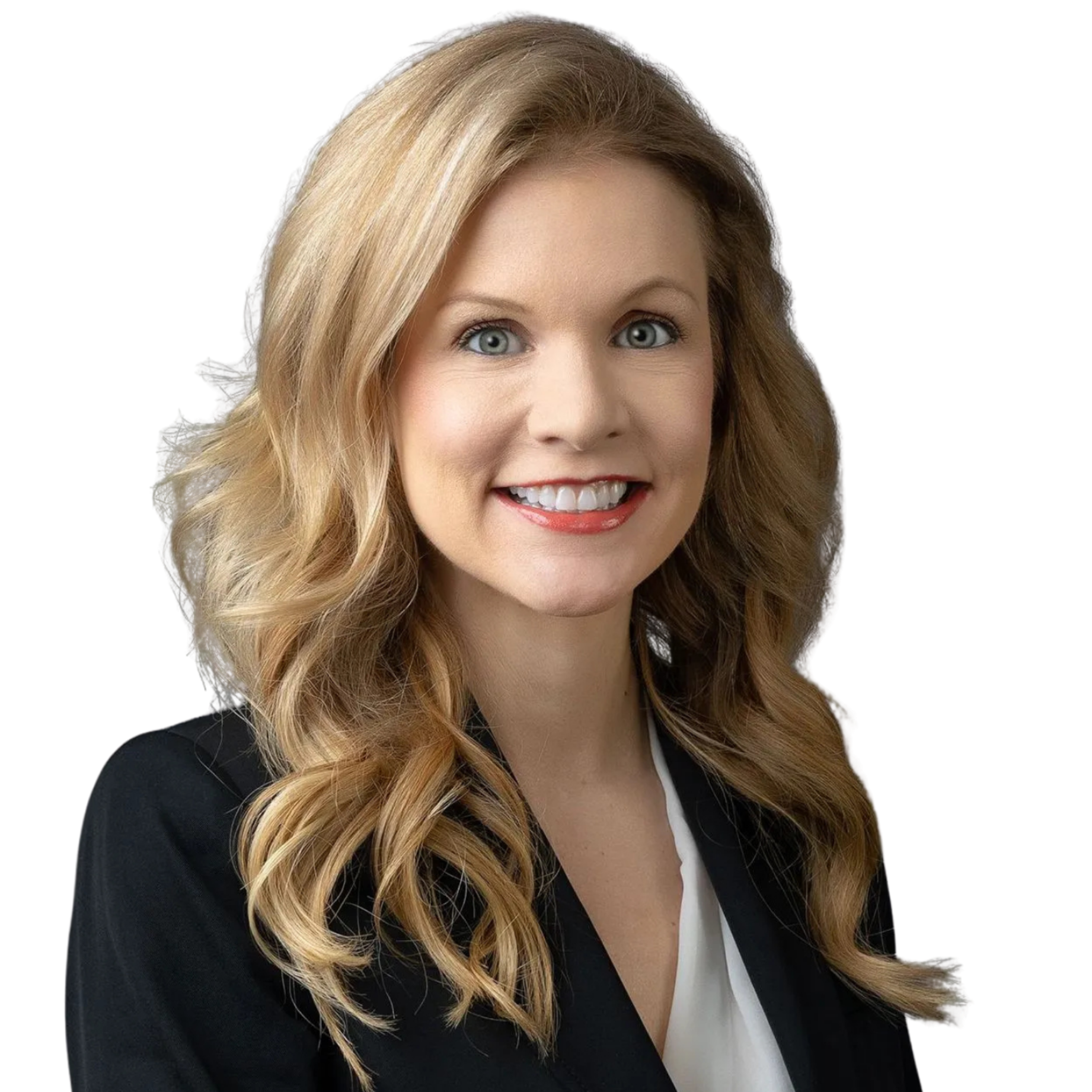 Woman with blonde hair, smiling, wearing a black blazer and white shirt.