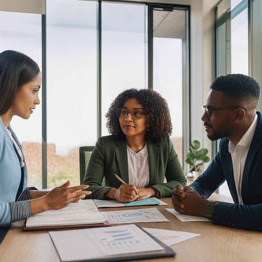 Three professionals in business attire at a table, discussing documents.
