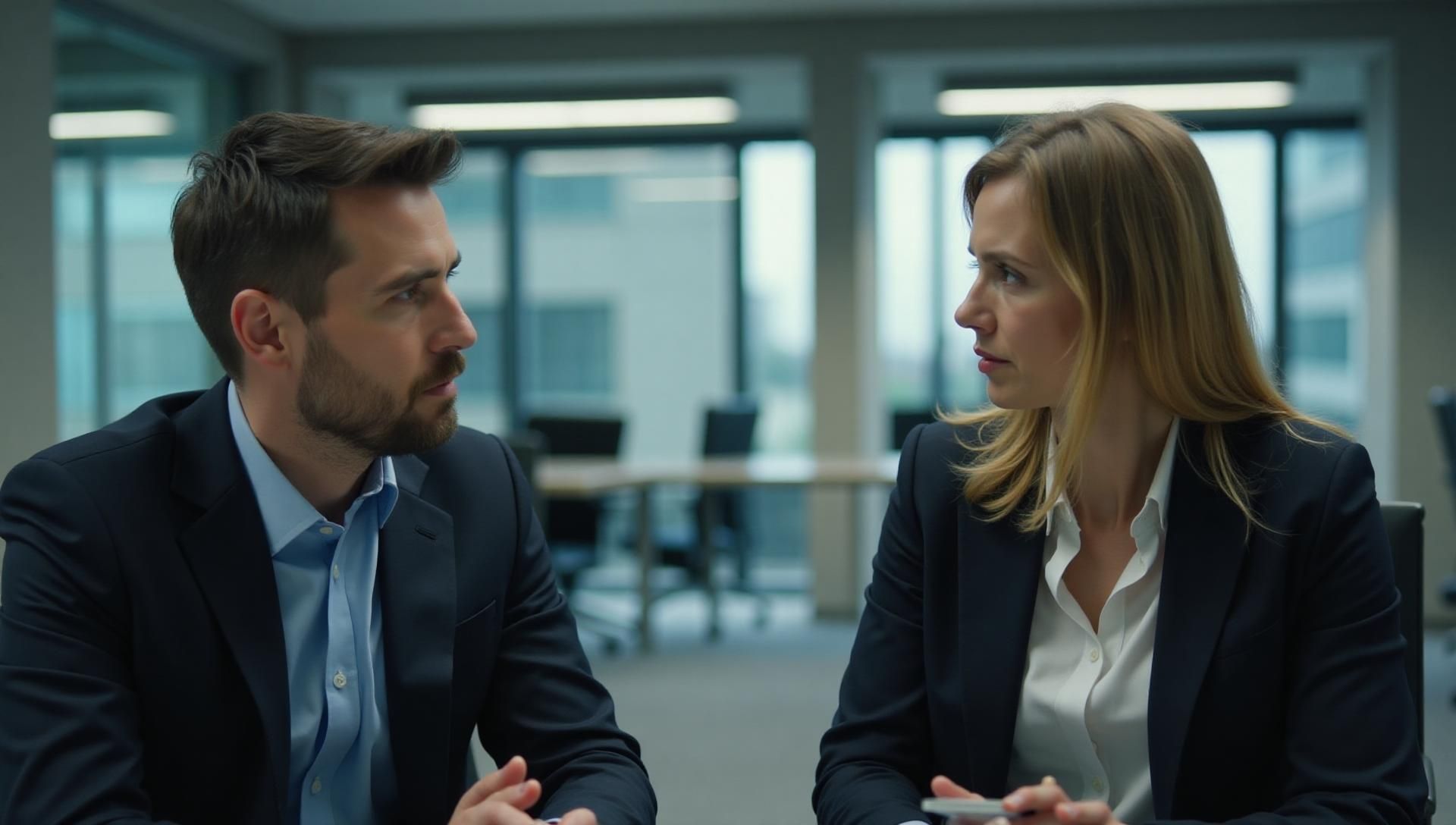 Man and woman in suits facing each other, possibly in a meeting. Office setting with windows.