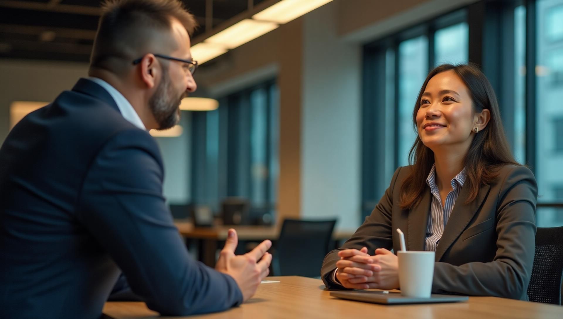Man and woman in suits converse at a table in a modern office, smiling.
