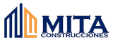Logo for MITA Construcciones. Blue and orange architectural illustration with text below in dark blue.