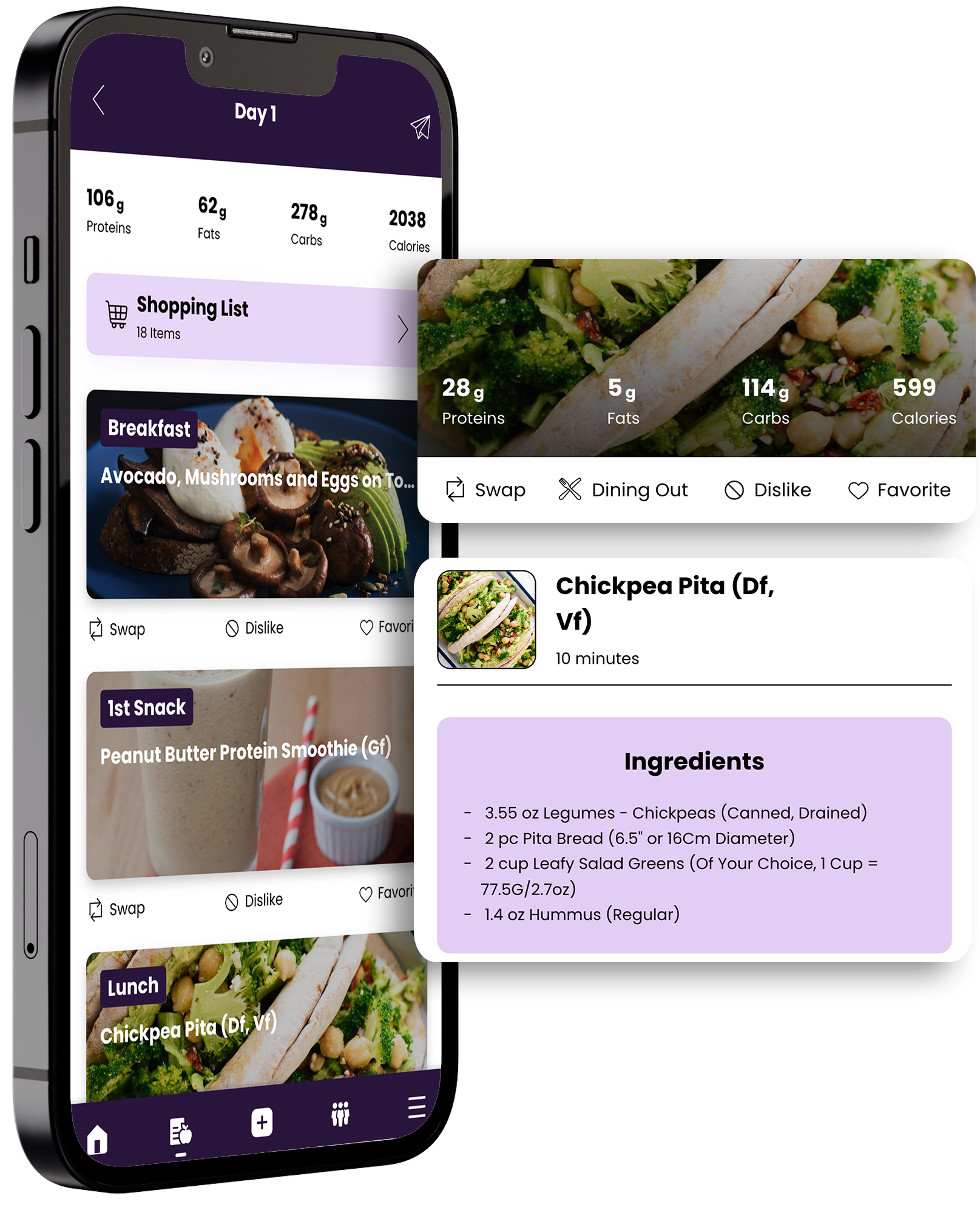A phone showing the personalized meal plan page of Erin Gales 'Feed The Good App'.