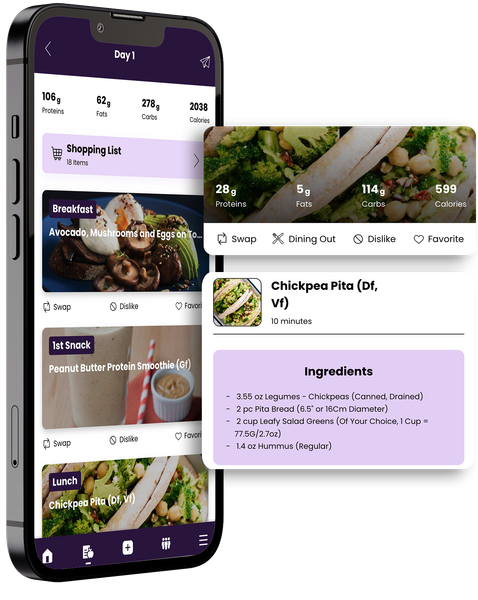 Phone showing meal plan Erin Gales - Feed The Good App - Personalized Nutrition and Workout Programs