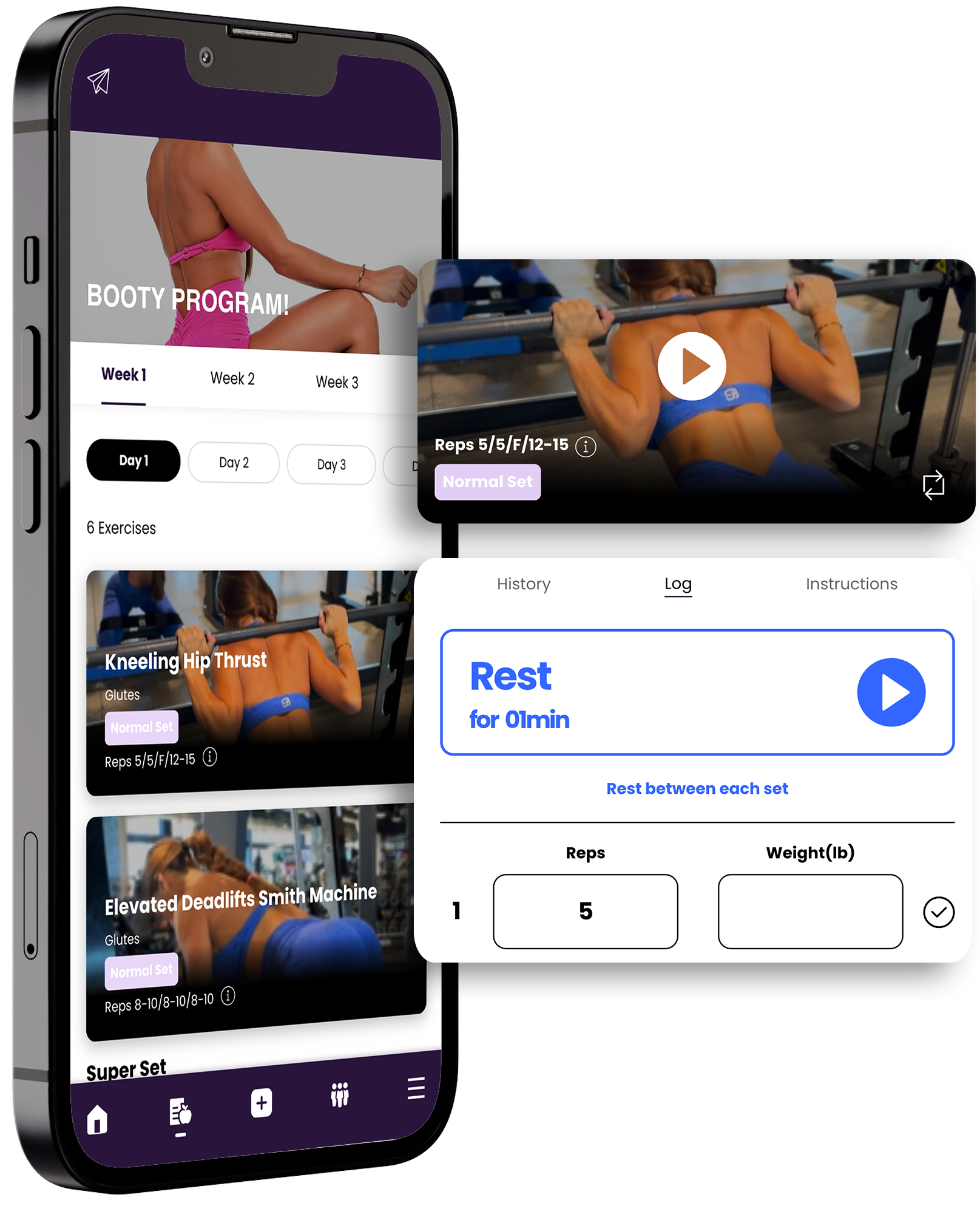 Phone showing exercises videos Erin Gales - Feed The Good App - Personalized Nutrition and Workout Programs