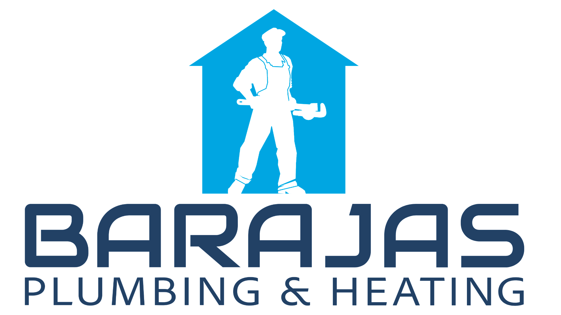 Logo for Barajas Plumbing & Heating featuring a blue silhouette of a plumber holding a wrench inside a house outline.