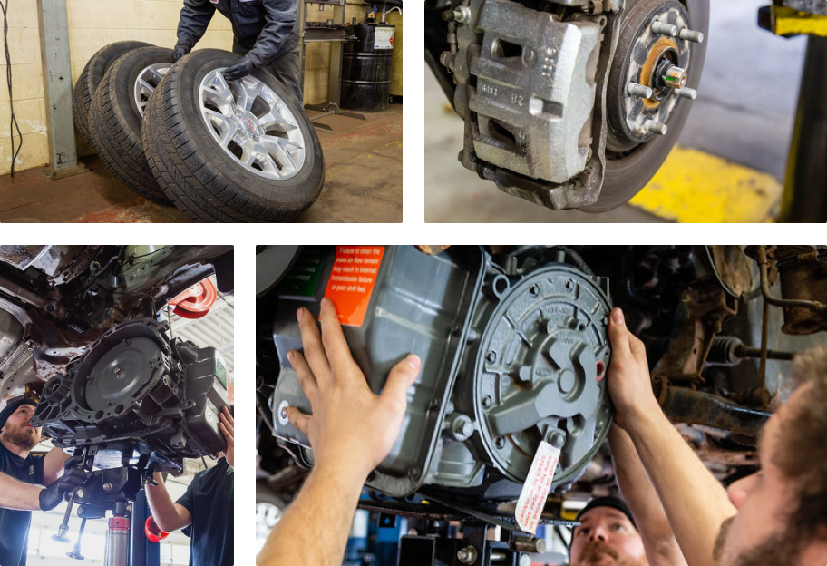 A collage of four pictures of people working on a car | Protech Bridgeville