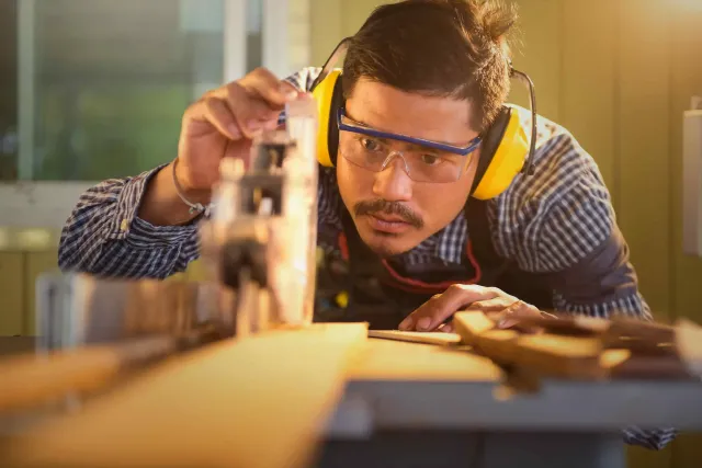 Woodworker using a saw, wearing safety glasses and ear protection, focused in a workshop.
