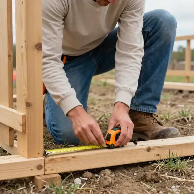 Person measuring a wooden frame with a tape measure at a construction site