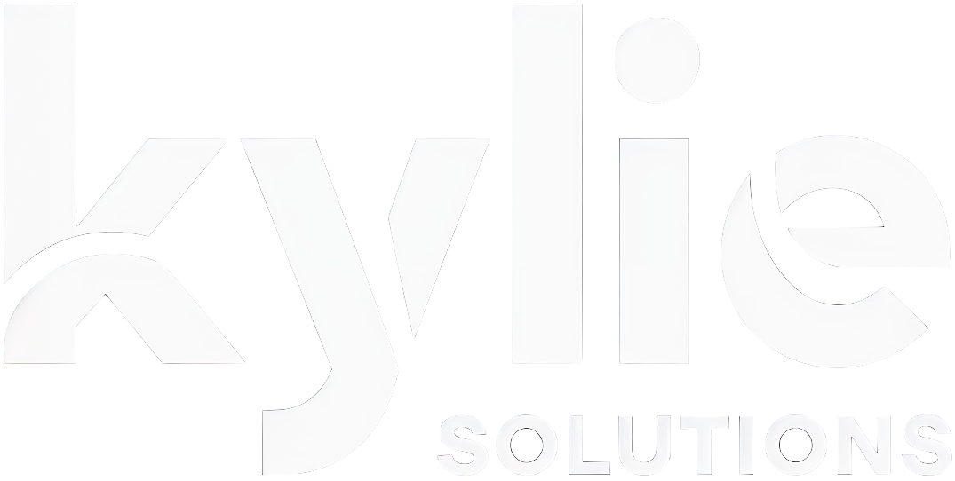 A white logo for kylie solutions on a white background.