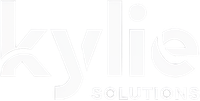 A white logo for kylie solutions on a white background.