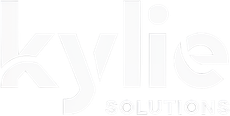 A white logo for kylie solutions on a white background.