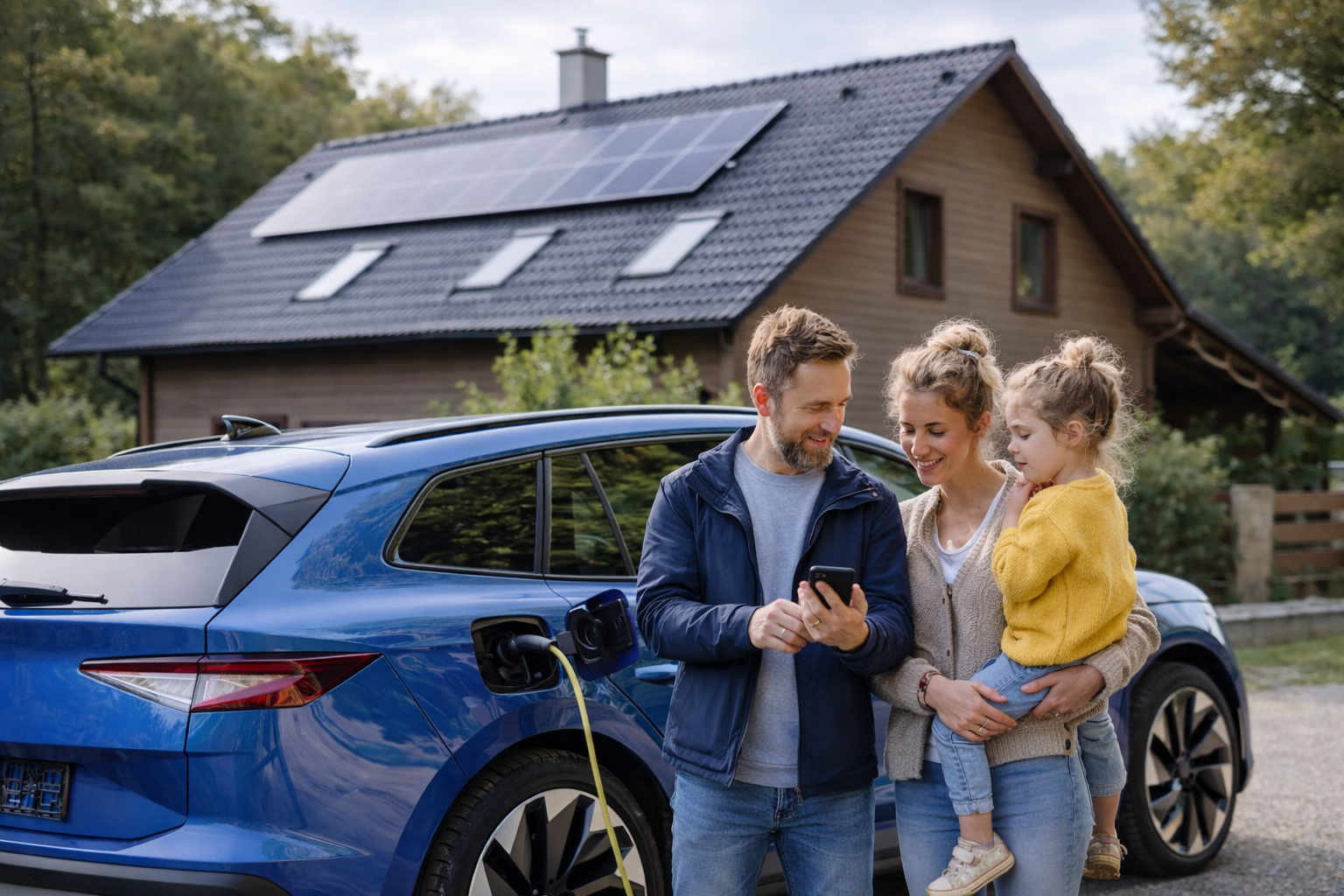 Man met afstandsbediening bij een witte elektrische auto met een oplaadkabel.