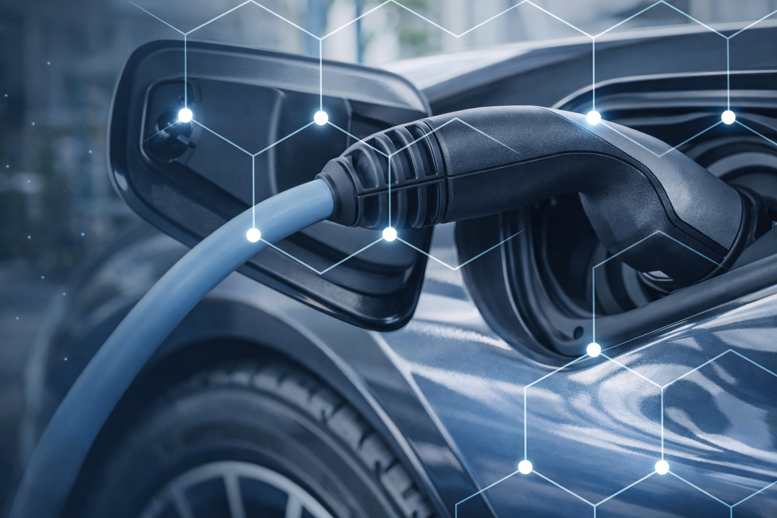 Man met afstandsbediening bij een witte elektrische auto met een oplaadkabel.