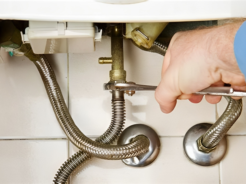a person is fixing a pipe with a wrench