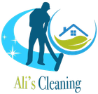 Logo: Blue cleaner silhouette with vacuum, house icon with leaf, and text "Ali's Cleaning."