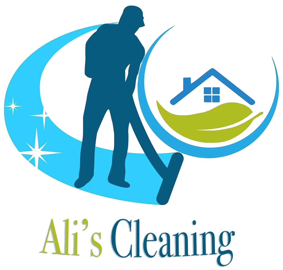 Logo: Blue cleaner silhouette with vacuum, house icon with leaf, and text "Ali's Cleaning."