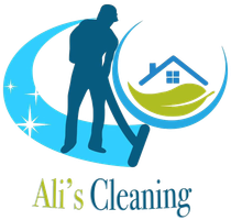 Logo: Blue cleaner silhouette with vacuum, house icon with leaf, and text "Ali's Cleaning."