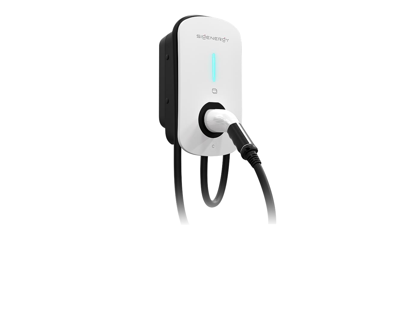 A white electric car charger with a black cable attached to it.