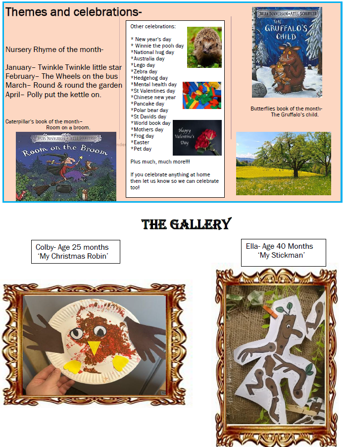Brochure on nursery themes and crafts, including seasonal artwork and art gallery.