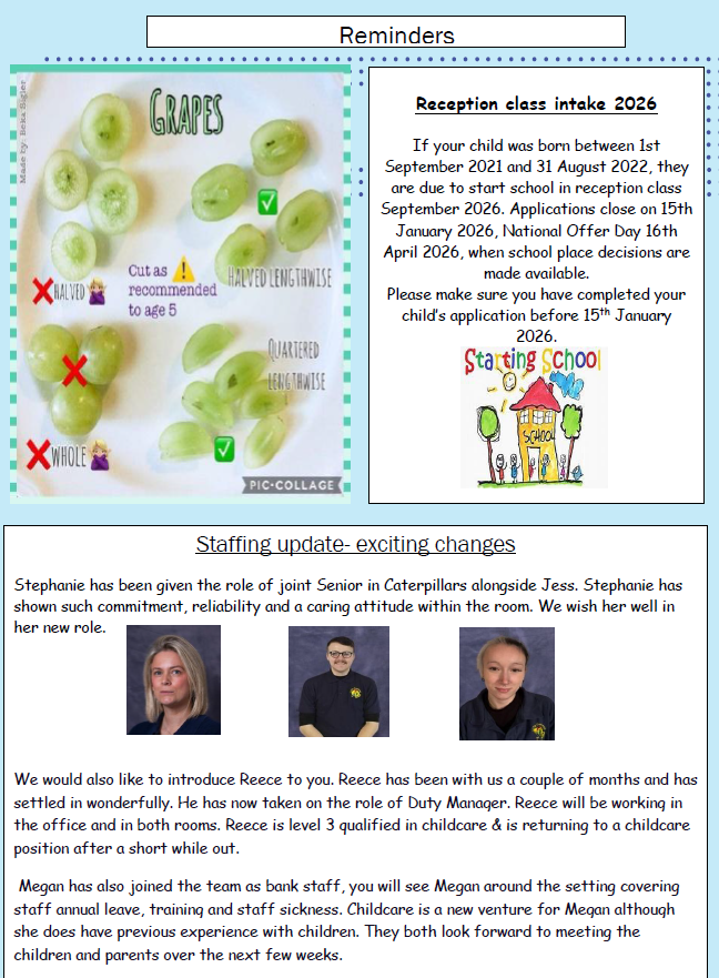 Childcare reminders and staffing changes, including safe grapes guidance and staff photos.