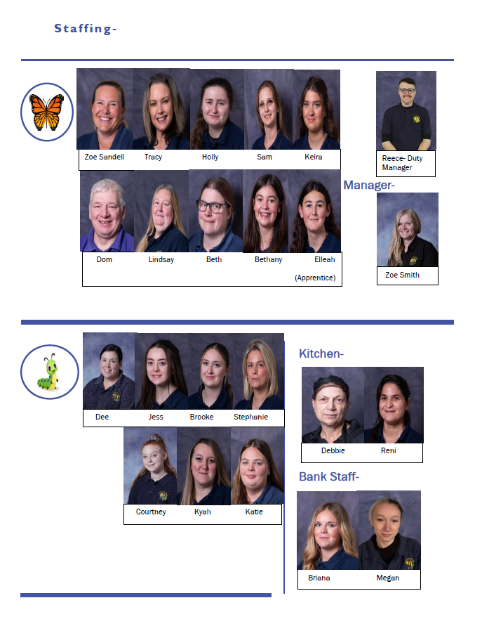 Staffing page with employee headshots. Includes names, butterfly, caterpillar, and kitchen staff.