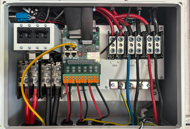 Open electrical control panel with wiring, relays, breakers, and terminal blocks inside a metal enclosure