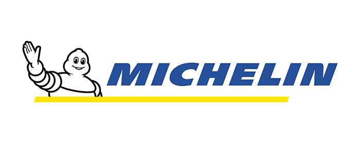 The logo for michelin shows a smiling character waving his hand.