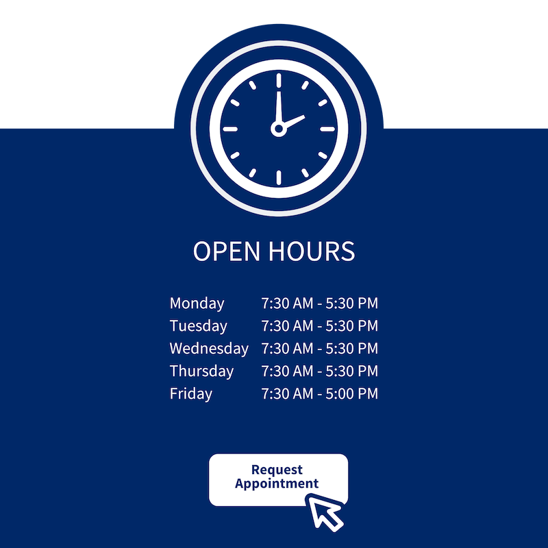 A blue sign with a clock and the words open hours