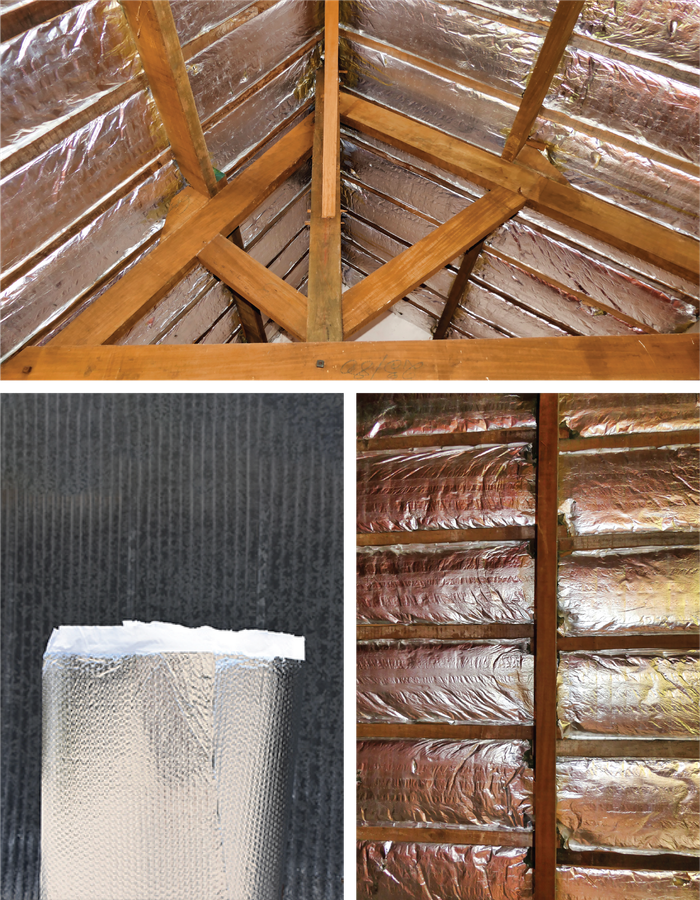 A collage of three pictures of a roof with aluminum foil on it.