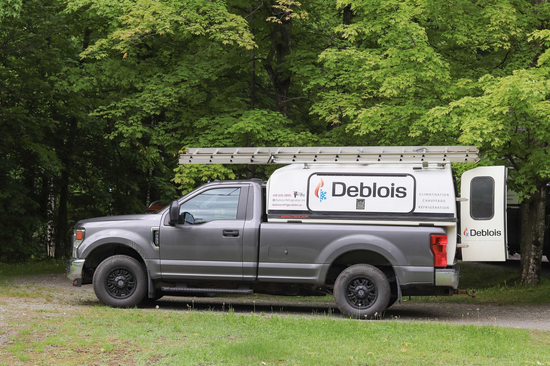 Camionnette utilitaire grise avec échelle sur le toit, stationnée devant des arbres. Boîtier de service blanc à l'arrière portant le logo de l'entreprise.