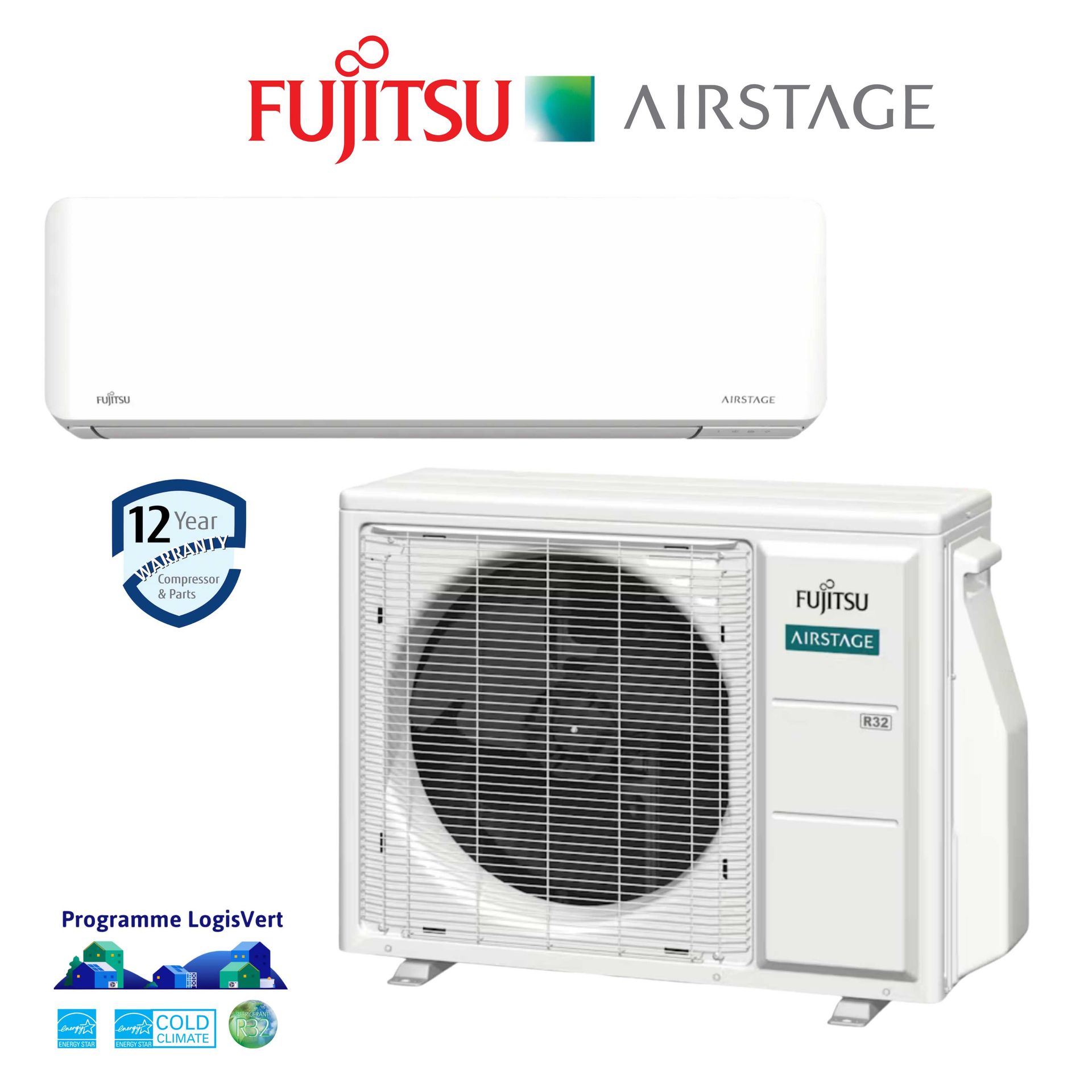 Climatiseur Fujitsu Airstage : unité intérieure en haut, unité extérieure en bas, blanc. Logo visible.