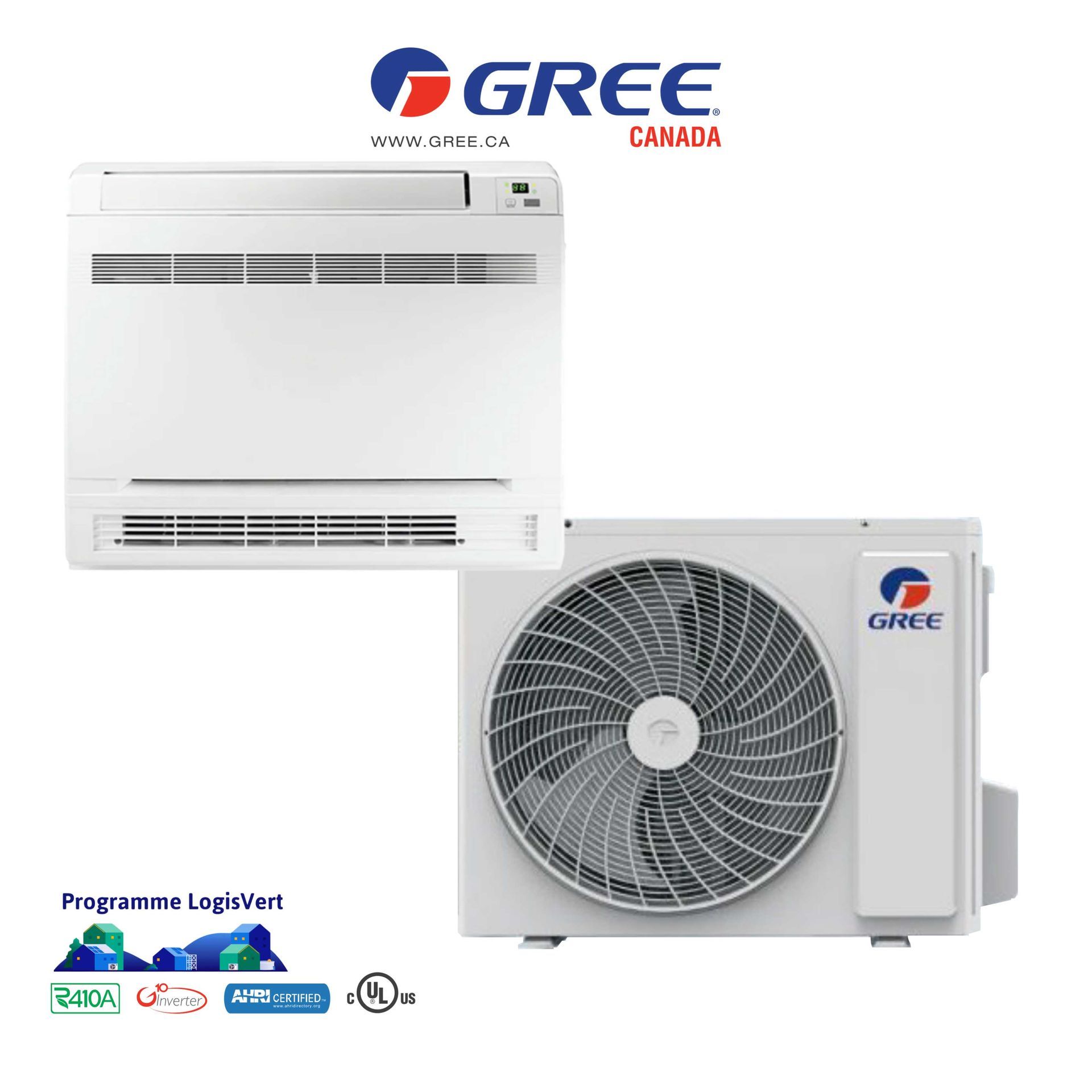 Système de climatisation mini-split White Gree ; unité intérieure et condenseur extérieur.