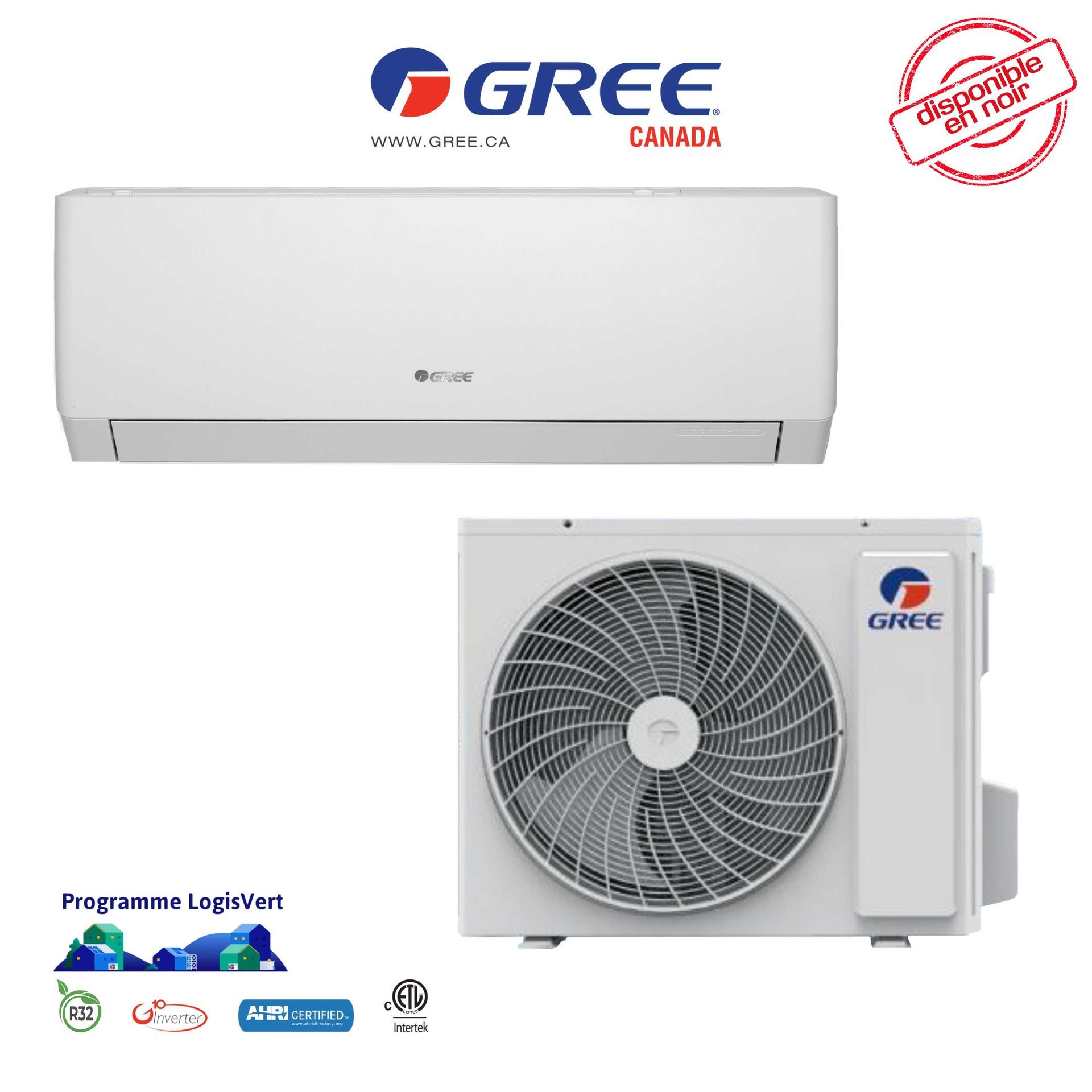 Unité de climatisation Gree Canada, composants intérieurs et extérieurs. Marquage blanc et bleu, mention « disponible en stock ».