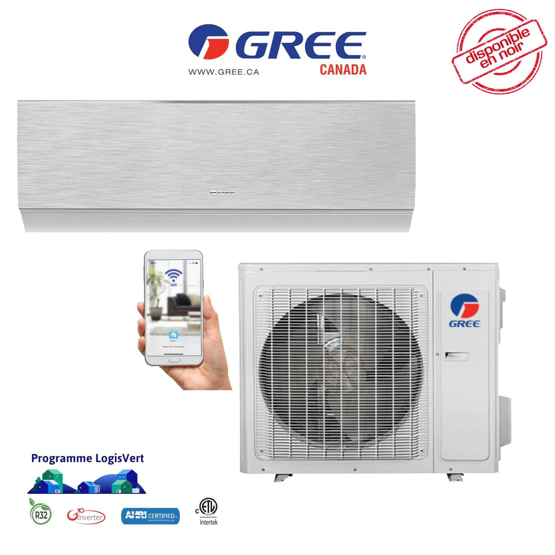 Unité de climatisation Gree Canada : composants intérieurs et extérieurs, contrôle par smartphone, blanche.
